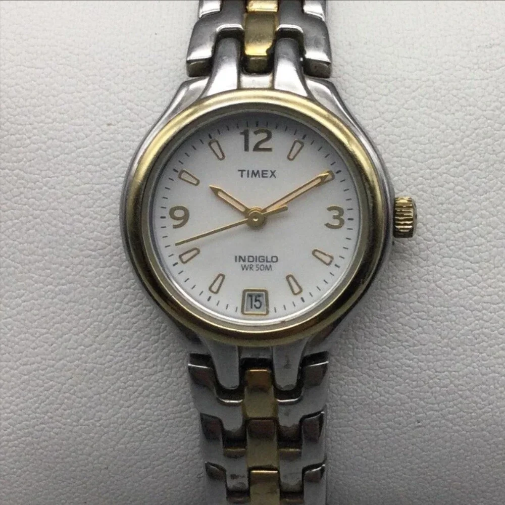 Timex Indiglo 50M Womens Watch 24mm White Dial Two Tone Date New Battery 7.75